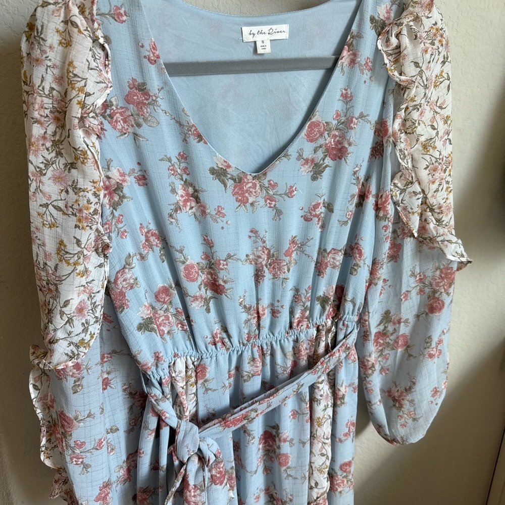Floral Long Sleeve Dress: By The River- Blue and Pink Baby Shower Gender Reveal